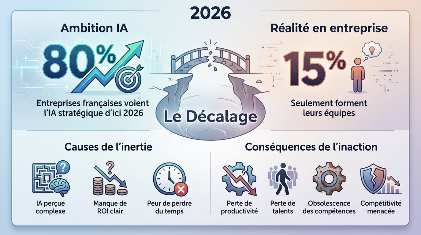 Graphique illustrant le fossé entre l'ambition stratégique IA et la réalité de la formation en entreprise en France pour 2026