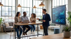 Quatre professionnels discutent autour d'un grand écran affichant des données IA dans un bureau moderne. Un homme présente, son équipe écoute.