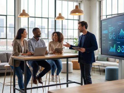 Quatre professionnels discutent autour d'un grand écran affichant des données IA dans un bureau moderne. Un homme présente, son équipe écoute.
