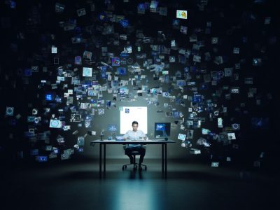 un professionnel seul dans un espace de travail épuré, entouré d’une multitude d’écrans flottants affichant des icônes d’outils IA en surabondance, puis zoom visuel sur un seul écran central lumineux représentant la clarté et la maîtrise, ambiance technologique moderne et minimaliste, contraste entre chaos numérique et focus maîtrisé, composition cinématique, style photo réaliste, couleurs dominantes bleu acier et blanc, symbolique de la simplicité et de l’efficacité, lumière concentrée sur l’écran principal --ar 4:3 --raw --profile rspzsul --stylize 0 --v 7 Job ID: 8e072e67-2705-4bf1-bbfe-c066954bc66c